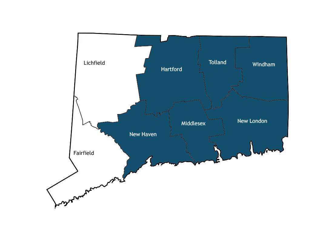 Map highlighting coastal counties in Connecticut.