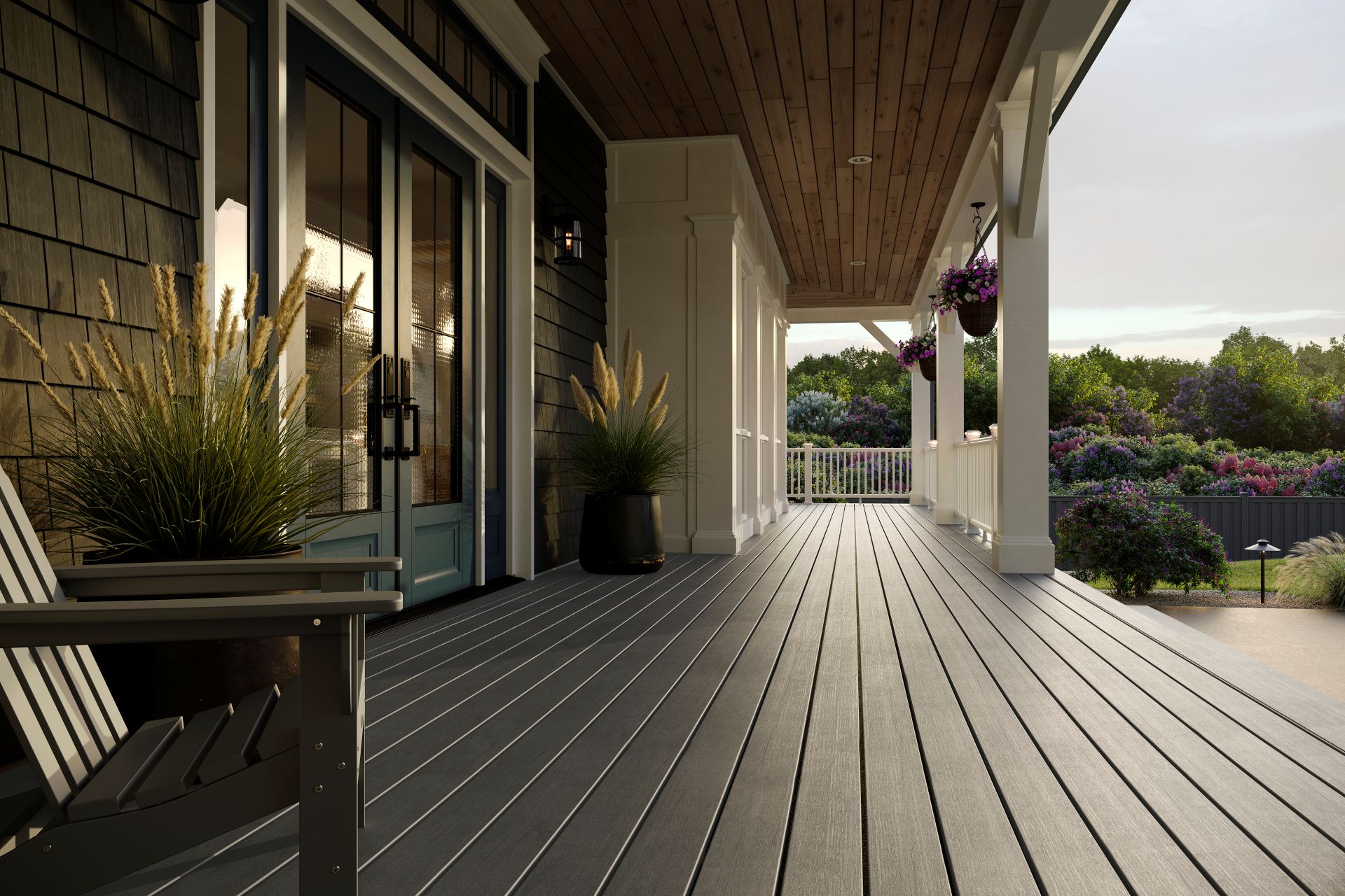 Sunlit covered porch with seating and plants